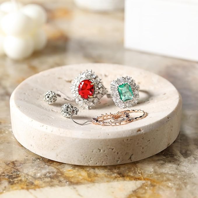Koville Small Travertine Jewelry Dish, 4" Round Trinket Dish for Ring Necklace Earring, Beige Travertine Soap Dish for Bathroom Kitchen, Natural Stone Decorative Dish, Aesthetic Home Table Decor