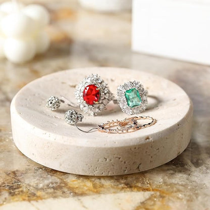 Koville Small Travertine Jewelry Dish, 4" Round Trinket Dish for Ring Necklace Earring, Beige Travertine Soap Dish for Bathroom Kitchen, Natural Stone Decorative Dish, Aesthetic Home Table Decor
