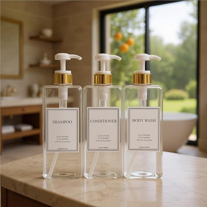 Modern Gold Design Shampoo and Conditioner Dispenser, Large 27oz Shower Soap Dispenser, Set of 3 Refillable Empty Plastic Pump Bottles for Bathroom, 6 Waterproof Labels Included, (Clear & White)