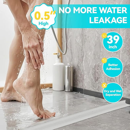Shower Threshold Water Dam Barrier 39", Silicone Sealant Included, Collapsible Self-Adhesive Water Blocker, Shower Door Water Stopper for Floor Bathroom Kitchen Bathtub Sink