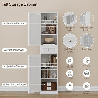 67" H Tall Bathroom Cabinet, Narrow Storage Cabinet with 2 Barn Doors and 1 Drawer, Freestanding Floor Cabinets with 6 Shelves for Bathroom, Living Room, Kitchen, White