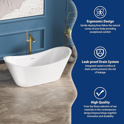 Sarlai 67 Inch Acrylic Freestanding Soaking Bathtub Contemporary Soaking White Tub Stand Alone Ergonomic Bathtub with Chrome Drain and Overflow