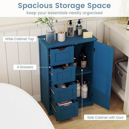 Tangkula Bathroom Floor Cabinet, Freestanding Storage Cabinet with 4 Drawers & Single Door, Adjustable Shelf, Multipurpose Bathroom Storage for Home Office, 21.5 x 12 x 32.5 Inches (Blue)