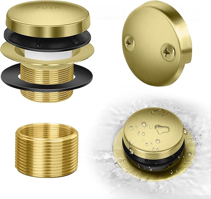 Tip-Toe Bathtub Drain Kit with Two-Hole Overflow Plate, Premium Quality Bath Tub Drain Replacement, Universal Fine/Coarse Thread Bathtub Stopper (Brushed Gold)
