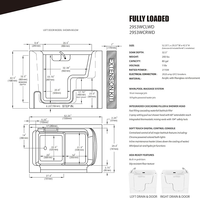 ANZZI Walk In Tub for Seniors 29"x53" Right Drain ADA Wheelchair Accessible - 30 Therapeutic Jets, Quick Fill Faucet, Aromatherapy, Chromatherapy - Compact Design | 2953WCRWD