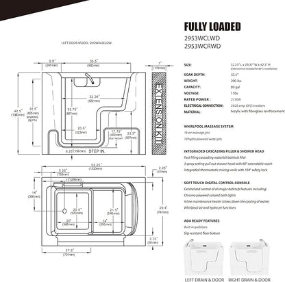 ANZZI Walk In Tub for Seniors 29"x53" Left Drain ADA Wheelchair Accessible - 30 Therapeutic Jets, Quick Fill Faucet, Aromatherapy, Chromatherapy - Compact Design | 2953WCLWD