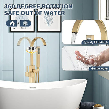 Freestanding Bathtub Faucet Floor Mounted Tub Filler Brushed Gold Single Handle 360 Swivel Standing Spout High Flow Brass Bath Tub Faucets Set