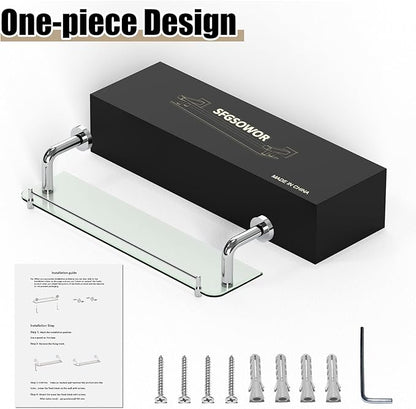Floating Glass Shelves for Bathroom with Towel Bar Chrome Bending Style, 20 Inch Tempered Glass Shelf for Wall Shelf Sink Over Toilet