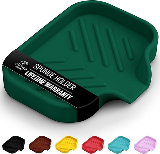 Zulay Kitchen Small Silicone Sponge Holder (4.9x3.3”) – Space-Saving Sink Organizer Tray for Sponge, Soap, Brush & More – Compact Non-Slip Dish for Kitchen & Bathroom Countertops (Pine Green)
