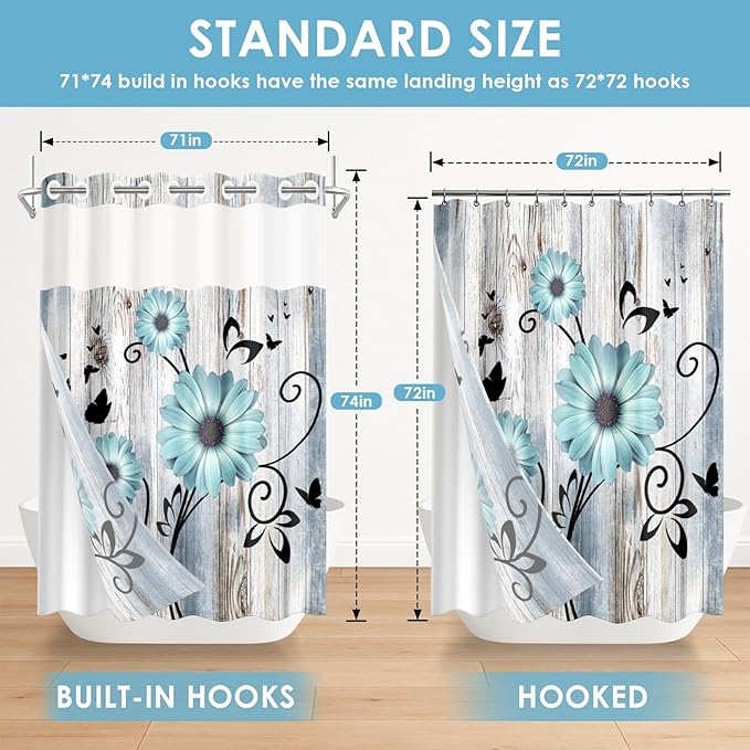 No Hook Teal Flower Shower Curtain with Snap in Fabric Liner Set, Daisy Rustic Farmhouse Double Layers Waterproof Fabric with See Through Top Window Open Grommet Bath Curtain 71x74 Inch