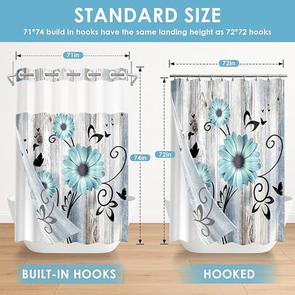 No Hook Teal Flower Shower Curtain with Snap in Fabric Liner Set, Daisy Rustic Farmhouse Double Layers Waterproof Fabric with See Through Top Window Open Grommet Bath Curtain 71x74 Inch