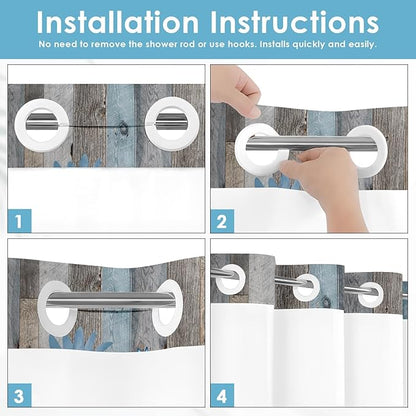 No Hook Rustic Farmhouse Shower Curtain with Snap in Fabric Liner Set, Blue Daisy Flowers and Butterfly on Wooden Double Layers Waterproof with See Through Top Bath Curtain 71x74 Inch