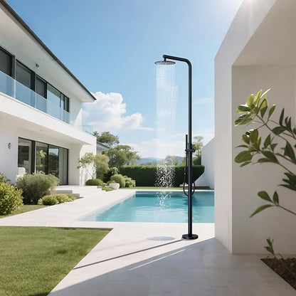 RBROHANT Freestanding Outdoor Shower Black, 316 Marine Grade Stainless Steel Beach Shower, Free Standing Hot and Cold Water Pool Shower with 10’’ Rain Shower Head and Wand, Matte Black, Floor Mounted