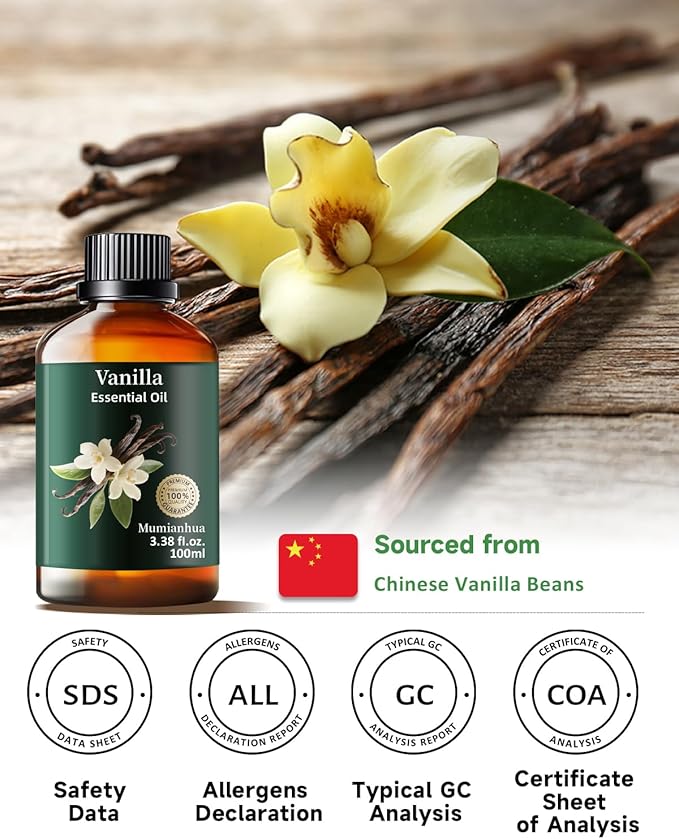 Vanilla Essential Oil Pure, Mumianhua Natural Vanilla Bean Oil for Diffuser, Aromatherapy, Skin, Perfume,Candle, Soap Making,DIY 3.38 Fl Oz
