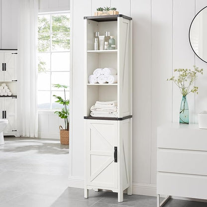 Bathroom Storage Cabinet, 5-Shelf Farmhouse Storage Cabinet with Barn Door&Adjustable Shelves, Bathroom Organizer for Living Room, Kitchen (Antique White)