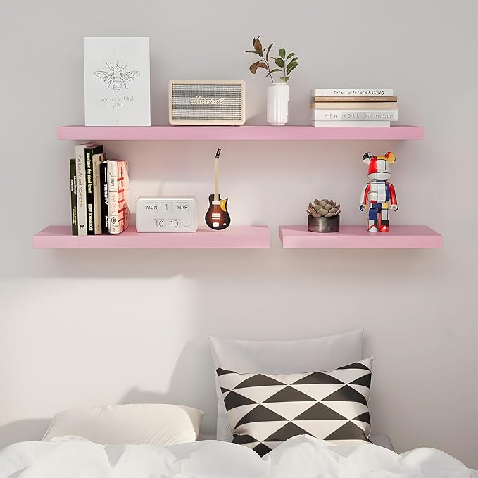 SAUMONIERES Floating Wall Shelves for Bedroom Bathroom Wall Mounted Solid Wood Shelf 24 Inch Set of 3, Pink Floating Shelves