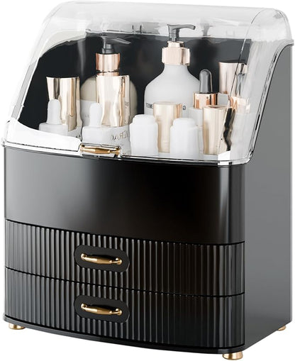 Makeup Organizer Countertop Vanity with Transparent Lid Drawers Waterproof Dustproof Cosmetic Skincare Bathroom Storage Gift for Women Teens Girls (Black)