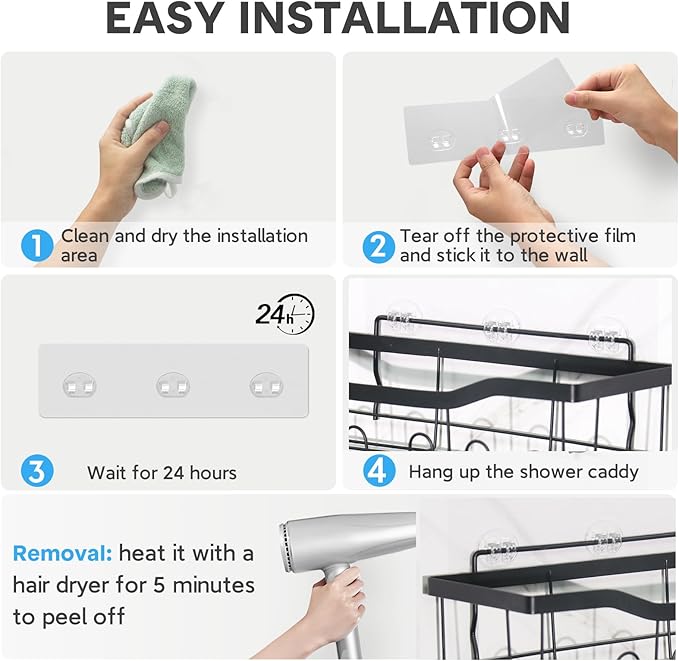 Shower Caddy Adhesive Replacement, Transparent Strong Adhesive Hooks, No Drilling, Waterproof, for Shower Caddy, Bathroom Storage Shelves and Kitchen Racks (Single*12pcs)