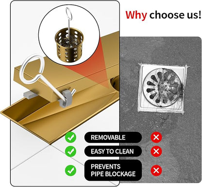 Linear Shower Drain, 304 Stainless Steel with Adjustable Leveling Feet, Hair Strainer,Reversely Install Place to Create an Invisible Floor Drain - Gold -54-Inch