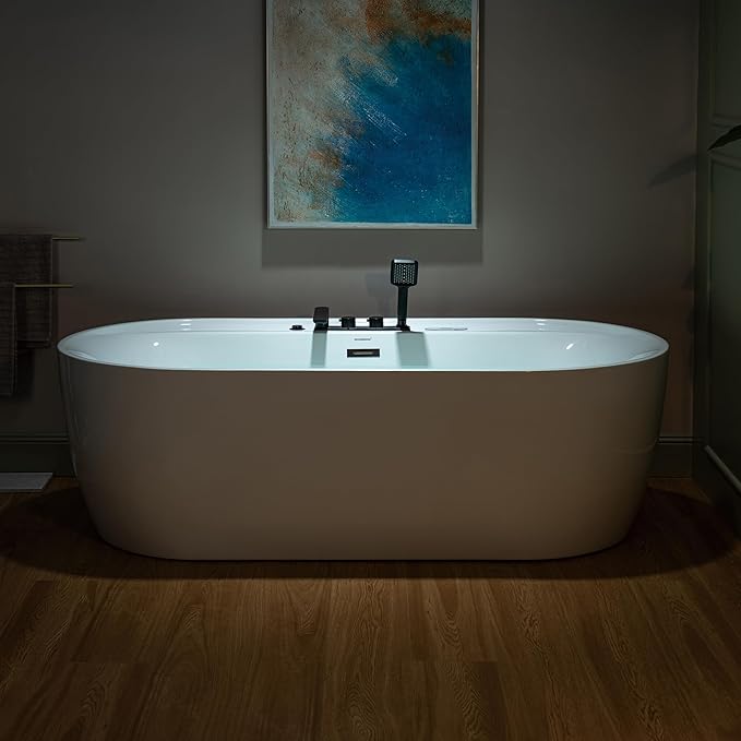 WOODBRIDGE 72" x 35-3/8" Whirlpool and Air Bath Heated Soaking Combination Tub with Adjustable Speed Air Blower, Tub Filler, and LED control panel, Matte Black Finish Trim and Drain Kit, BM500+F0051MB