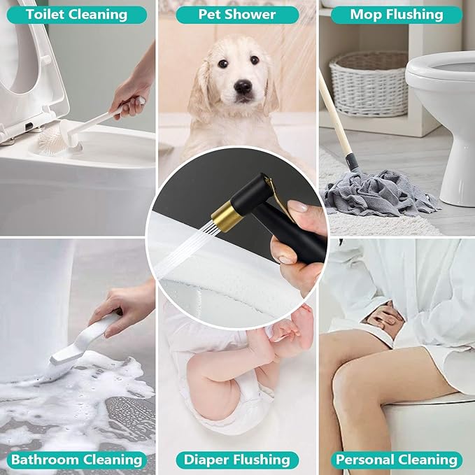 BARROCK Handheld Bidet Sprayer for Toilet, Stainless Steel Metal Made Baby Cloth Diaper Spraying Kit, Bathroom Toilet Bidet Attachment Set for Bathing Pets and Feminine Washing,Matte Black and Gold