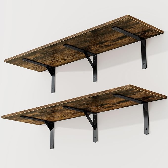 Floating Shelves 40"W x 12"D, Deep Wall Shelves with Brackets for Books, Plant, 12 Inch Deep Bathroom Shelf Set of 2, Large Floating Shelf for Living Room, Bedroom, Kitchen, Rustic Brown, Set of 2