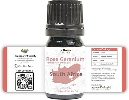 Rose Geranium Essential Oil - Direct from Kwazulu Botanicals in South Africa- Organic Essential Oils for Body, Diffusers, or Aromatherapy | Pure Therapeutic Grade (5ml)
