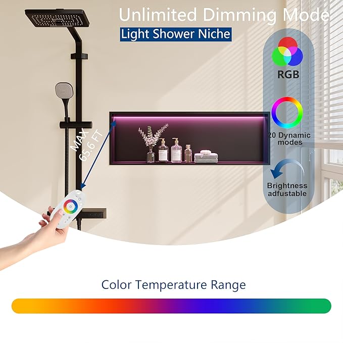 RGB LED Light Shower Niche, Matte Black 36X12 in Stainless Steel Wall Niche with Remote Control, Waterproof No Tile Needed Wall Niche for Bathroom Storage Over Mount Installation