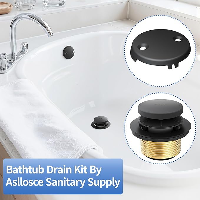 Bathtub Drain Stopper Toe Taps Bathroom Sink Decoration Set, with Two Holes Overflow Opening Cover Panel, Replacementversion Drain Pipe Assembly, with Universal Fine & Coarse Thread (Matte Black)
