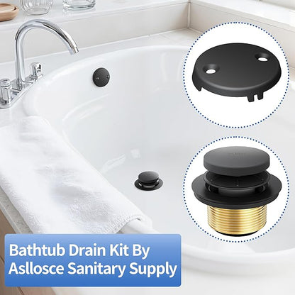 Bathtub Drain Stopper Toe Taps Bathroom Sink Decoration Set, with Two Holes Overflow Opening Cover Panel, Replacementversion Drain Pipe Assembly, with Universal Fine & Coarse Thread (Matte Black)