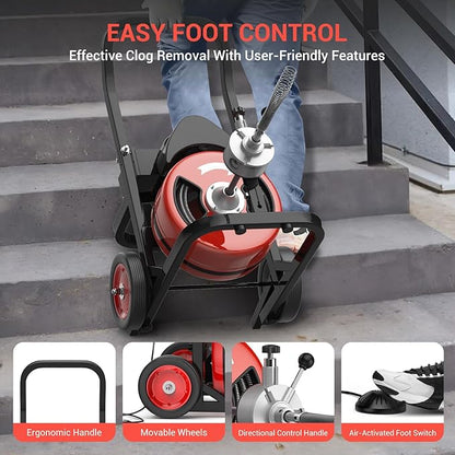 Electric Drain Cleaning Machine 75Ft 1/2 Inch, 450W Auto Feed Portable Sewer Snake, Drain Auger with 6 Cutter and Air-Activated Foot Switch for 2"–4" Pipes