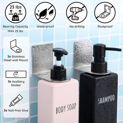 Segbeauty 3Pcs Adhesive Bottle Holder, Stainless Shampoo Bottle Holder, Dia 1.1in 2.8cm Drill-Free Shower Gel Dispenser Rack,Rustproof Shampoo and Conditioner Dispenser Wall Mount for Bathroom Sliver