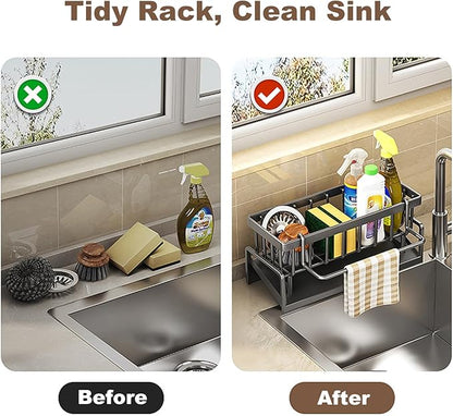 Sponge Holder for Kitchen Sink, Sink Caddy with Dishcloth Rack, Kitchen Sink Storage Rack Organizer Countertop Rustproof, Soap Dispenser Organizers and Storage Essentials