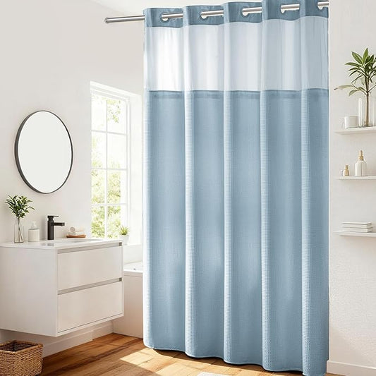 River Dream Heavyweight No Hooks Required Dotted Waffle Weave Shower Curtain with Snap in Liner -Extra Long 71W x 86H,Hotel Grade,Spa Like Bath Curtain,Blue