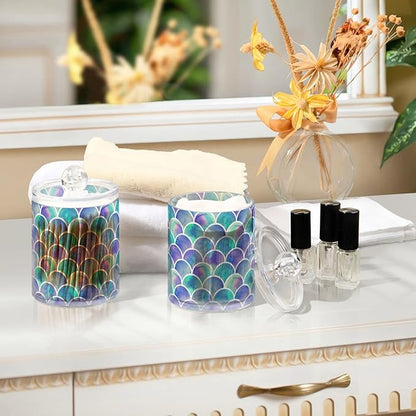 MNSRUU 2 Pack Qtip Holder Organizer Dispenser Watercolor Rainbow Scales Of Mermaid Bathroom Storage Canister Cotton Ball Holder Bathroom Containers for Cotton Swabs/Pads/Floss