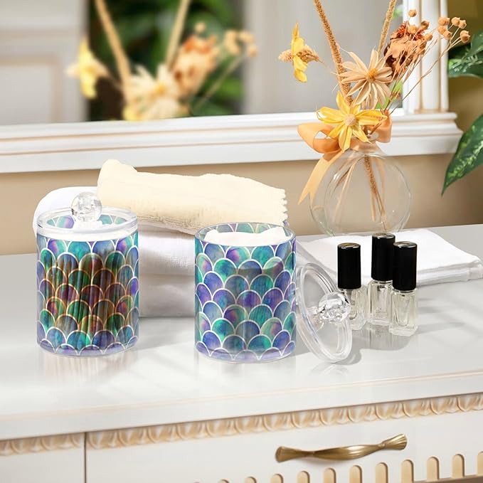 MNSRUU 4 Pack Qtip Holder Organizer Dispenser Watercolor Rainbow Scales Of Mermaid Bathroom Containers Bathroom Vanity Storage Canister Apothecary Jars for Cotton Swabs/Pads/Floss