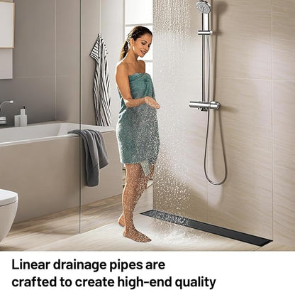 Linear Shower Drain, 304 Stainless Steel with Adjustable Leveling Feet, Hair Strainer,Reversely Install Place to Create an Invisible Floor Drain - Black -48-Inch