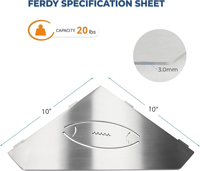 FerdY 2-Pack 10" Brushed Nickel Recessed Corner Shower Shelf, for Tiled Bathroom Walls, Floating Shelf, 304 Stainless Steel Shower Caddy Storage Shelves, No Drilling Required, Rugby Diamond