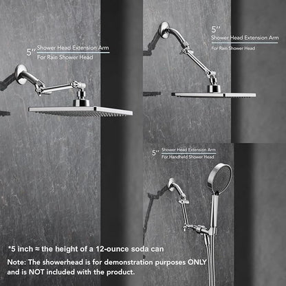5 Inch Adjustable Shower Head Extension Arm, With Locking Set Screw, Singing Rain Brass Chrome Angle Height Adjustable, Easy To Install, G1/2 Universal Connector Compatible (Chrome Finish)