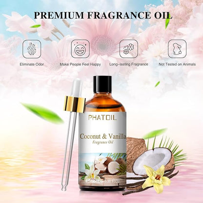 PHATOIL 3.38FL.OZ Coconut & Vanilla Fragrance Oils for Aromatherapy, Essential Oils for Diffusers for Home, Perfect for Diffuser, Yoga, DIY Candle and Soap Making - 100ml