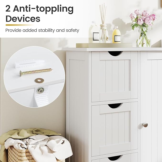 Tangkula Bathroom Floor Cabinet, Freestanding Storage Cabinet with 3 Drawers & Single Door, Adjustable Shelf, Multipurpose Bathroom Storage for Home Office, 23.5 x 12 x 32 Inches (3 Drawers, White)