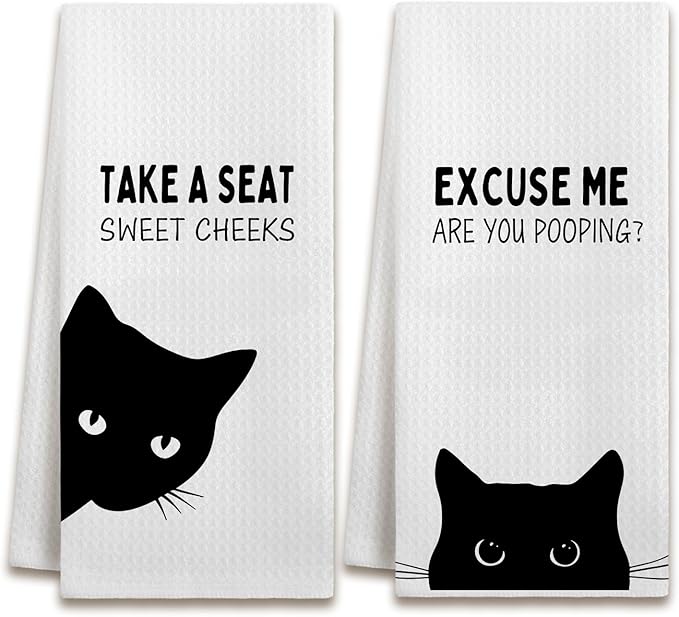 Funny Black Cat Bathroom Hand Towels, Cat Bathroom Decor, Sweet Cheeks Funny Kitten Kitty Decorative Hand Tea Towels for Washroom Restroom, 16x24 Inches Set of 2
