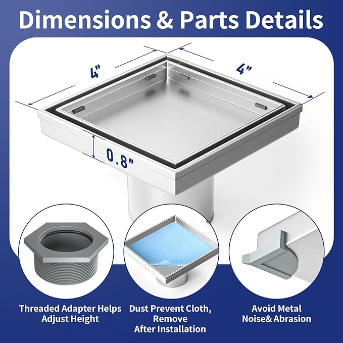 Square Shower Drain 4", Brushed Floor Drain with Tiled Insert Grate & Hair Strainer, 304 Stainless Steel Bathroom 2-in-1 Tiled in Drain, CUPC Certified (Brushed, 4'')