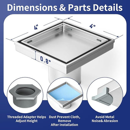 Square Shower Drain 4", Brushed Floor Drain with Tiled Insert Grate & Hair Strainer, 304 Stainless Steel Bathroom 2-in-1 Tiled in Drain, CUPC Certified (Brushed, 4'')