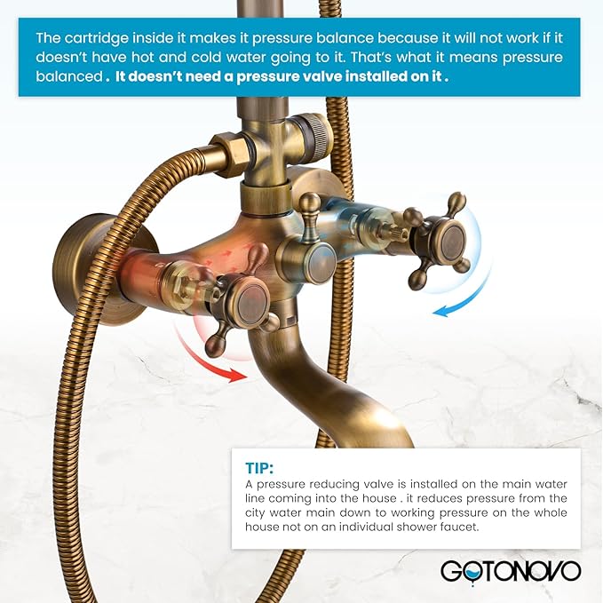 gotonovo Bathroom Classic Exposed Shower Faucet Wall Mount Shower System 8 Inch Luxurious Rainfall Shower Head Set with Tub Spout and Handheld Spray Double Cross Handles Antique Brass