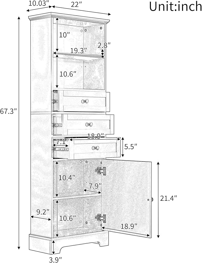 Harper & Bright Designs Storage Cabinet, 67.3 Inch Freestanding Tall Floor Bathroom Storage Cabinet with 3 Drawers, One Drawer, and Adjustable Shelves for Bathroom, Office, and Living Room (White)
