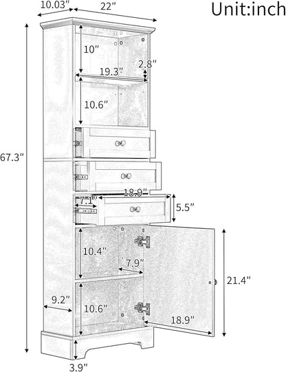 Favfurish 67" Tall Bathroom Storage Cabinet with Door and 3 Drawers,Modern Linen Cabinets w/Adjustable Shelf & 2-Tier Open Shelves,Freestanding Organizer for Bath Room,Study,Office,Grey