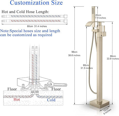 Senlesen Freestanding Bathtub Faucets Floor Mounted Tub Filler Faucet with Handshower Brushed Gold