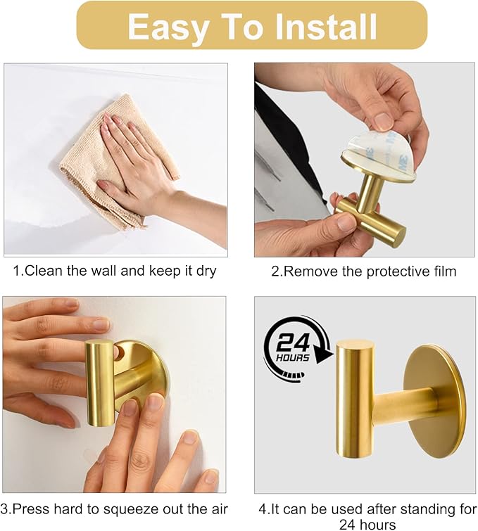 Vuzvuv Adhesive Brushed Gold Hooks, SUS304 Stainless Steel Self-Adhesive Towel Coat Robe Heavy Duty Waterproof Hook for Bathrooms Kitchen Hotel (4-Pack)