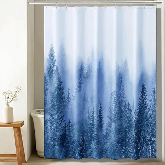 ORTIGIA 78 Inch Blue Misty Forest Shower Curtain for Bathroom, Nature Woodland Shower Curtain Set with Hooks, Decorative Pine Tree Fog Magic Bath Curtain, Waterproof Fabric, Weighted, 72x78
